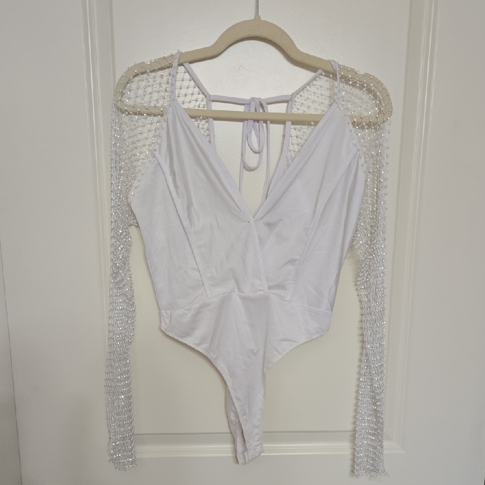 Chic White Bodysuit with Mesh Sleeves